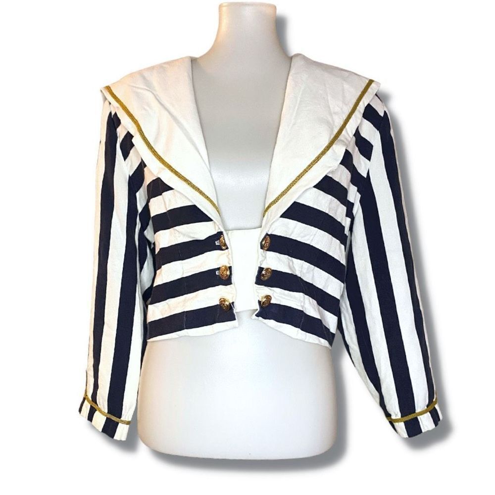 Componix Womens Crop Top Vintage 90's Collared Long Sleeve Stripe Blue Size 14